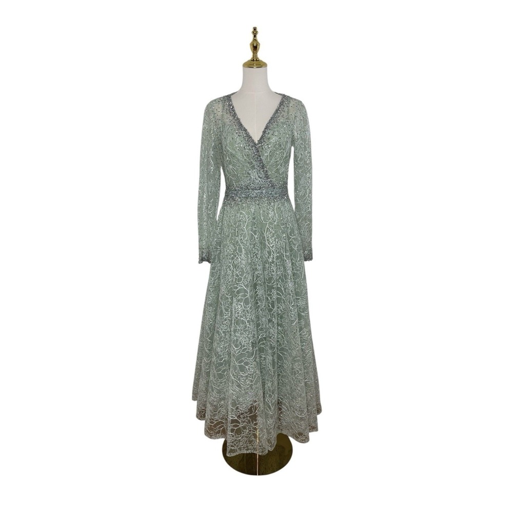 Mac Duggal 20366‎ Sage Wrap Bodice A-Line Tea Length Dress Size 6 $798 - Picture 4 of 8